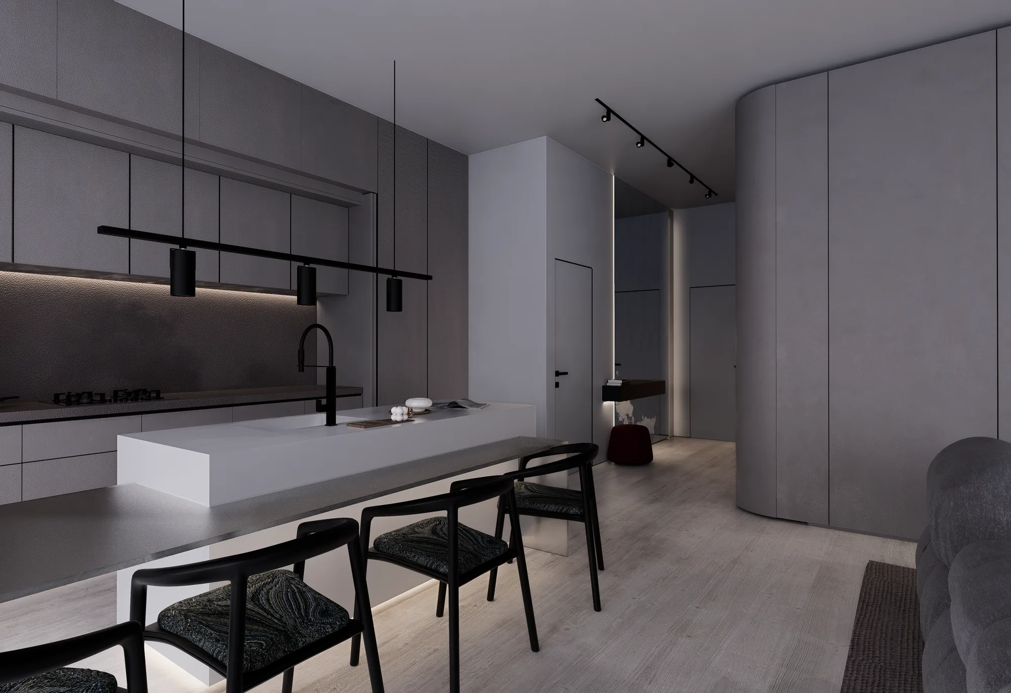Cuisine linéaire — vue depuis le couloir